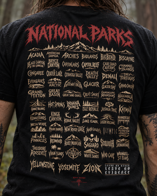 Full Lineup Tee back print listing all 63 national parks