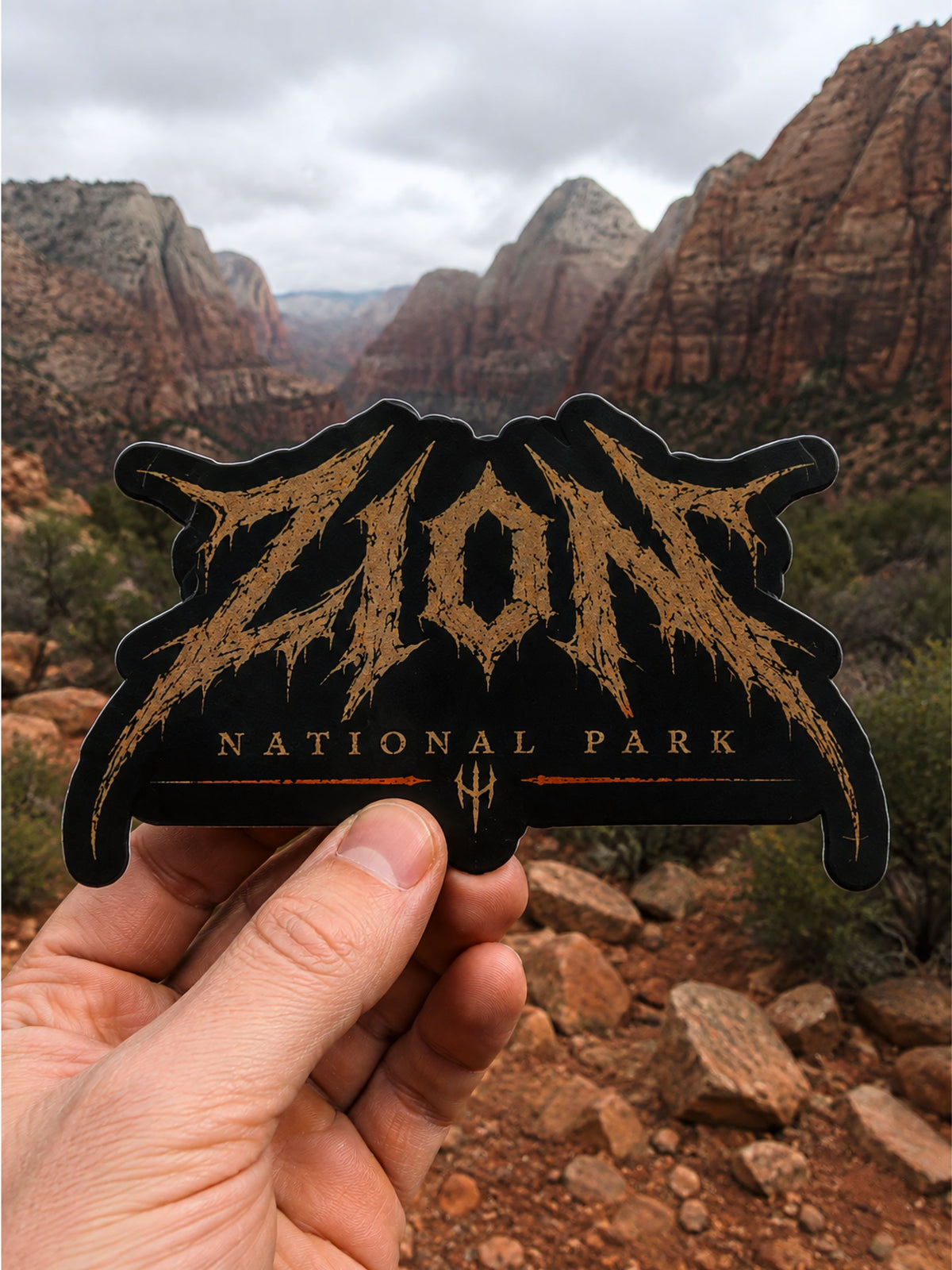 Zion National Park death metal logo sticker, alternate view