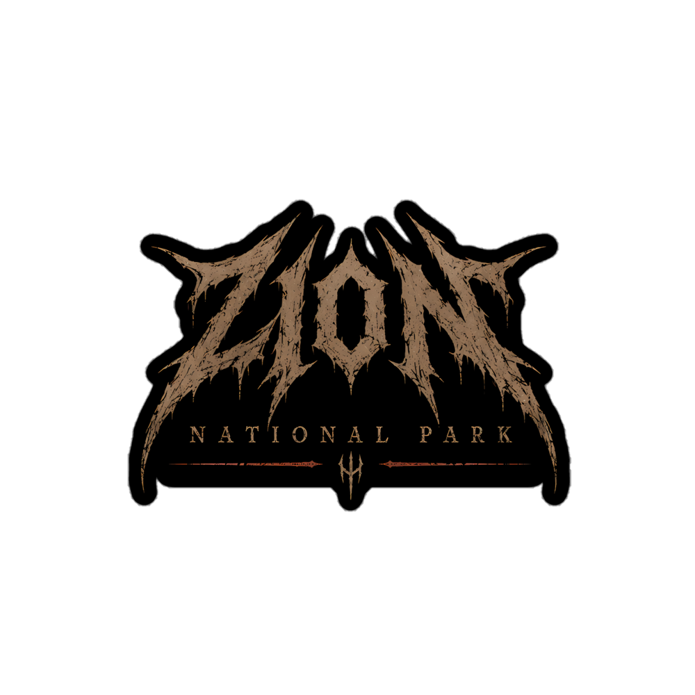 Zion National Park death metal logo sticker with jagged brown lettering