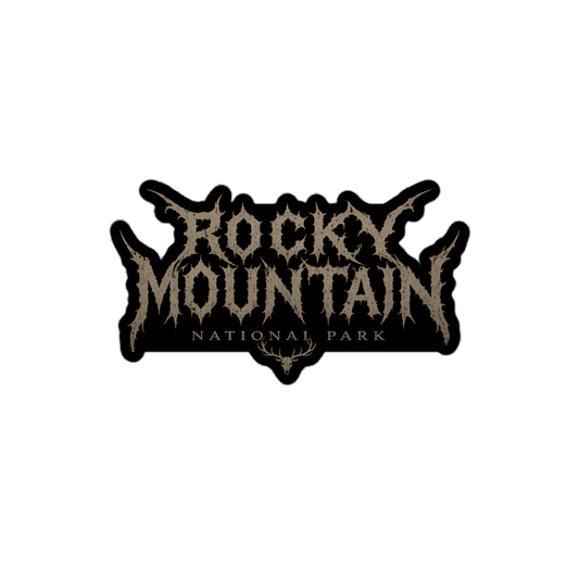 Rocky Mountain death metal logo sticker with tan lettering and stag skull