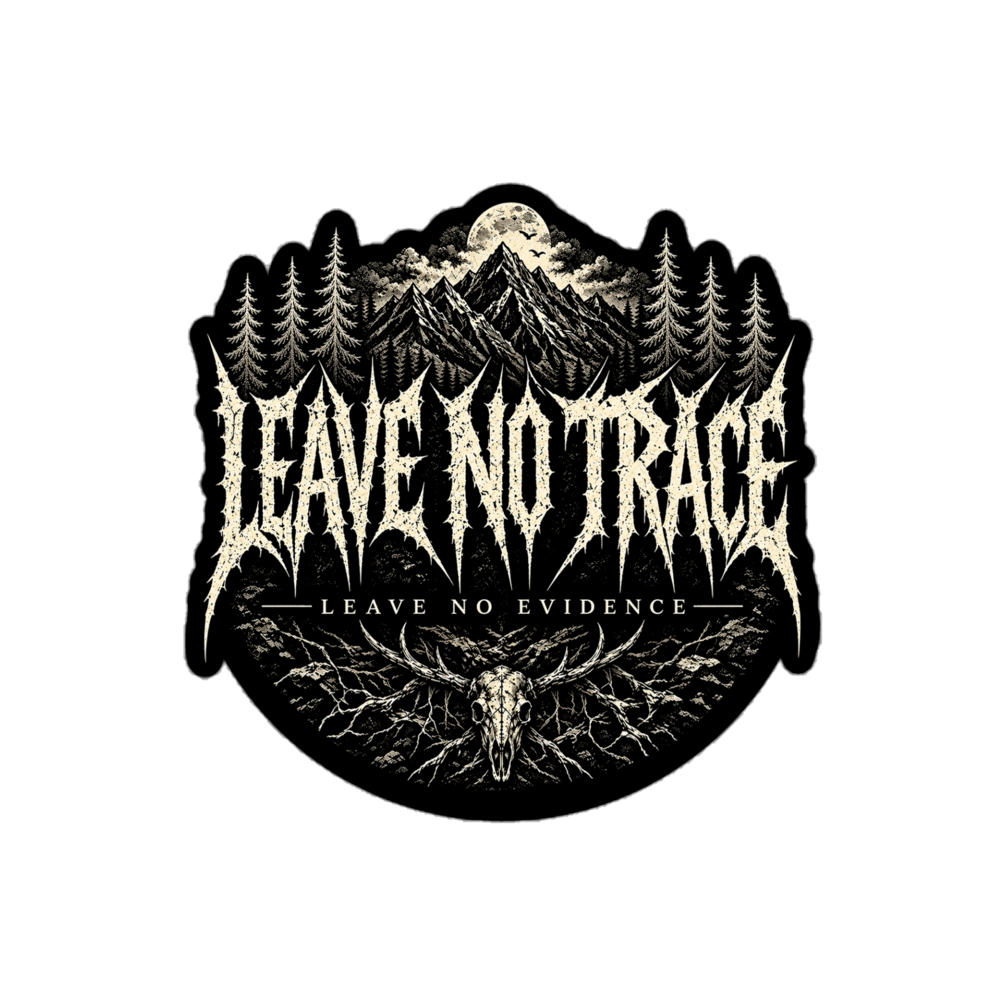 Leave No Trace death metal sticker with moonlit peaks, pines, and an antlered skull