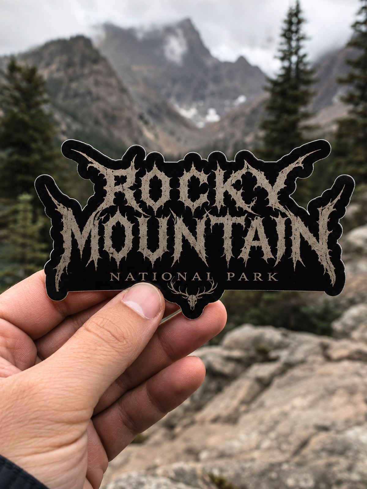 Rocky Mountain death metal logo sticker, alternate view