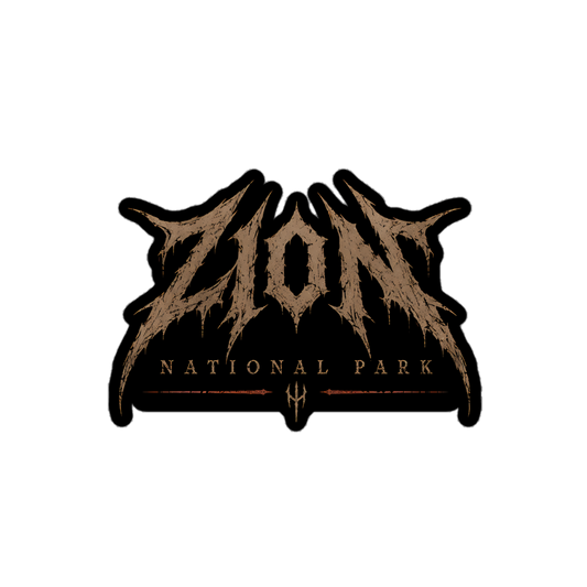 Zion National Park death metal logo sticker with jagged brown lettering