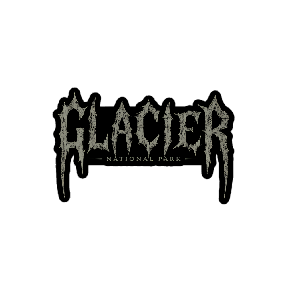 Glacier National Park death metal logo sticker with icicle-like gray lettering