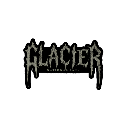 Glacier National Park death metal logo sticker with icicle-like gray lettering
