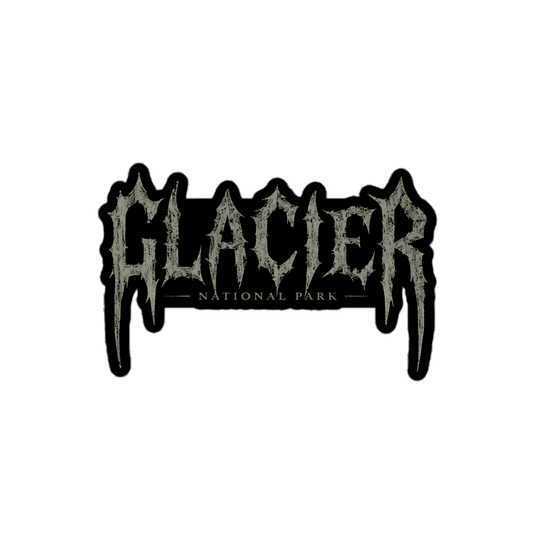 Glacier National Park death metal logo sticker with icicle-like gray lettering