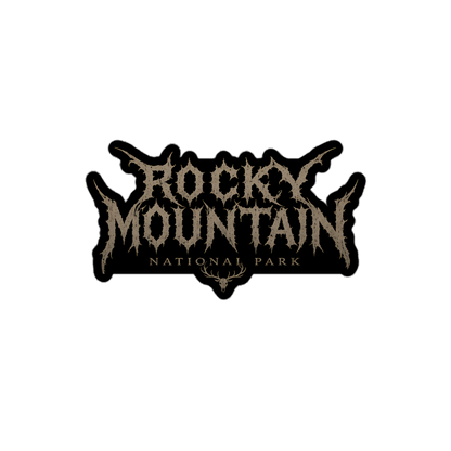 Rocky Mountain death metal logo sticker with tan lettering and stag skull