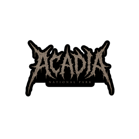 Acadia death metal logo sticker with jagged gray lettering