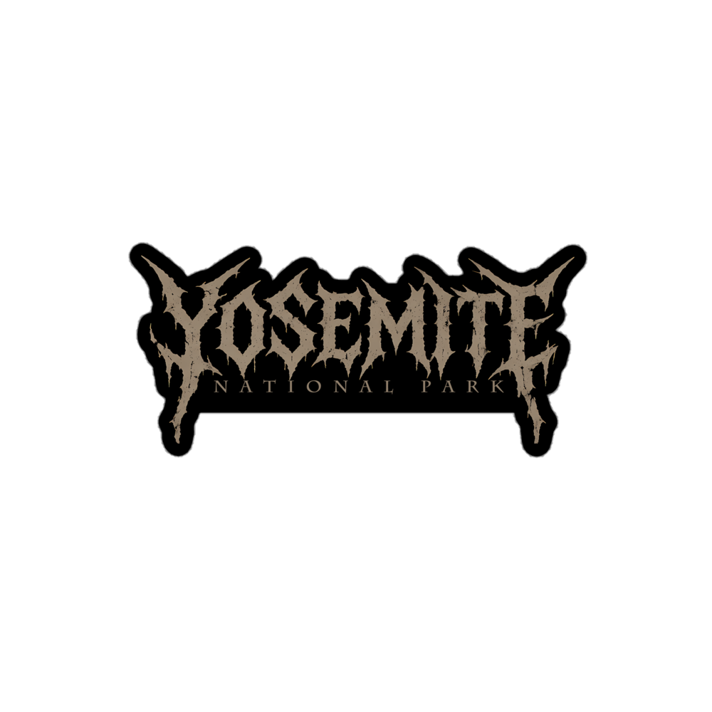Yosemite death metal logo sticker with distressed black and taupe lettering