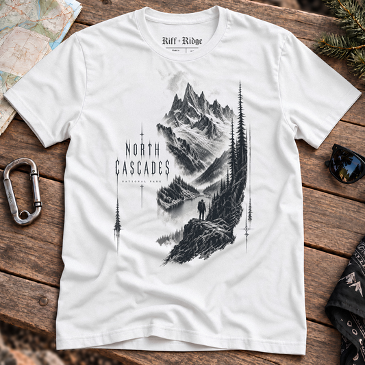 North Cascades Black Crown Tee, product mockup