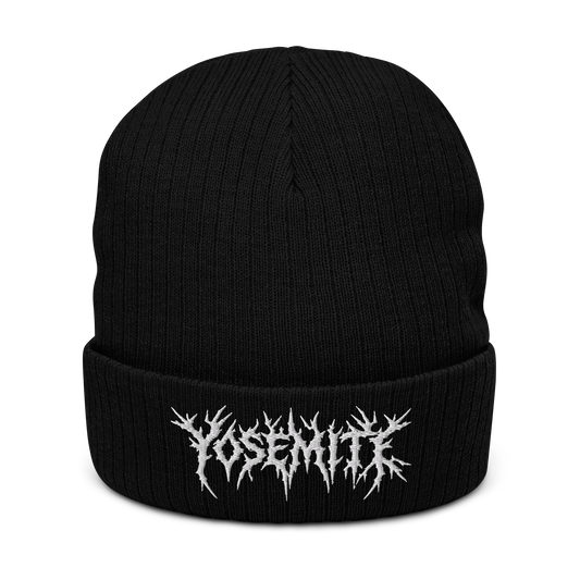 Yosemite Blackthorn Beanie: black rib-knit cuffed beanie with embroidered Yosemite logo, front